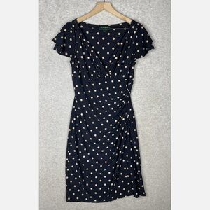 Ralph Lauren dress Navy Blue & Tan sheath fashion polka dots midi dress